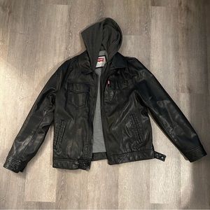 Levi faux leather trucker jacket with sewn in lining & hood